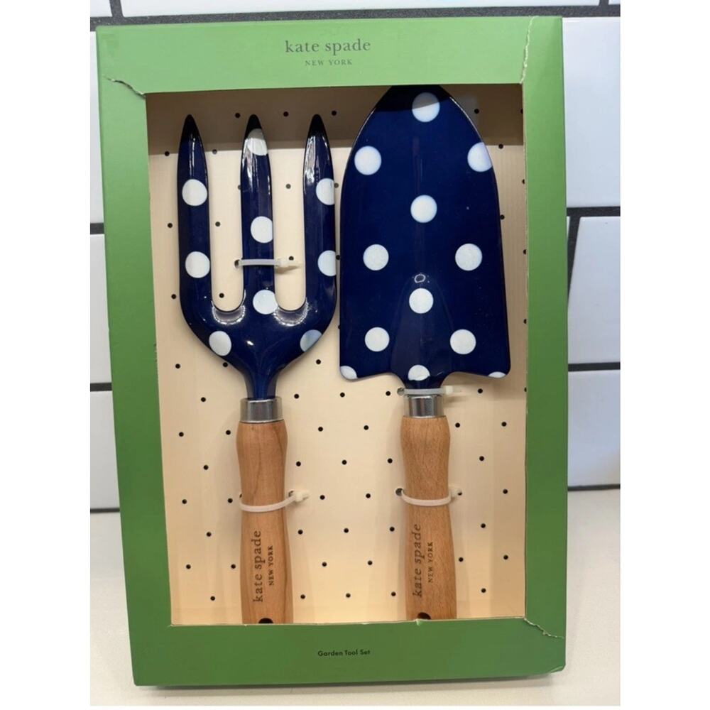 Kate Spade Navy Dots Garden Tool Set - New! Metal with Wooden Handles Blue
